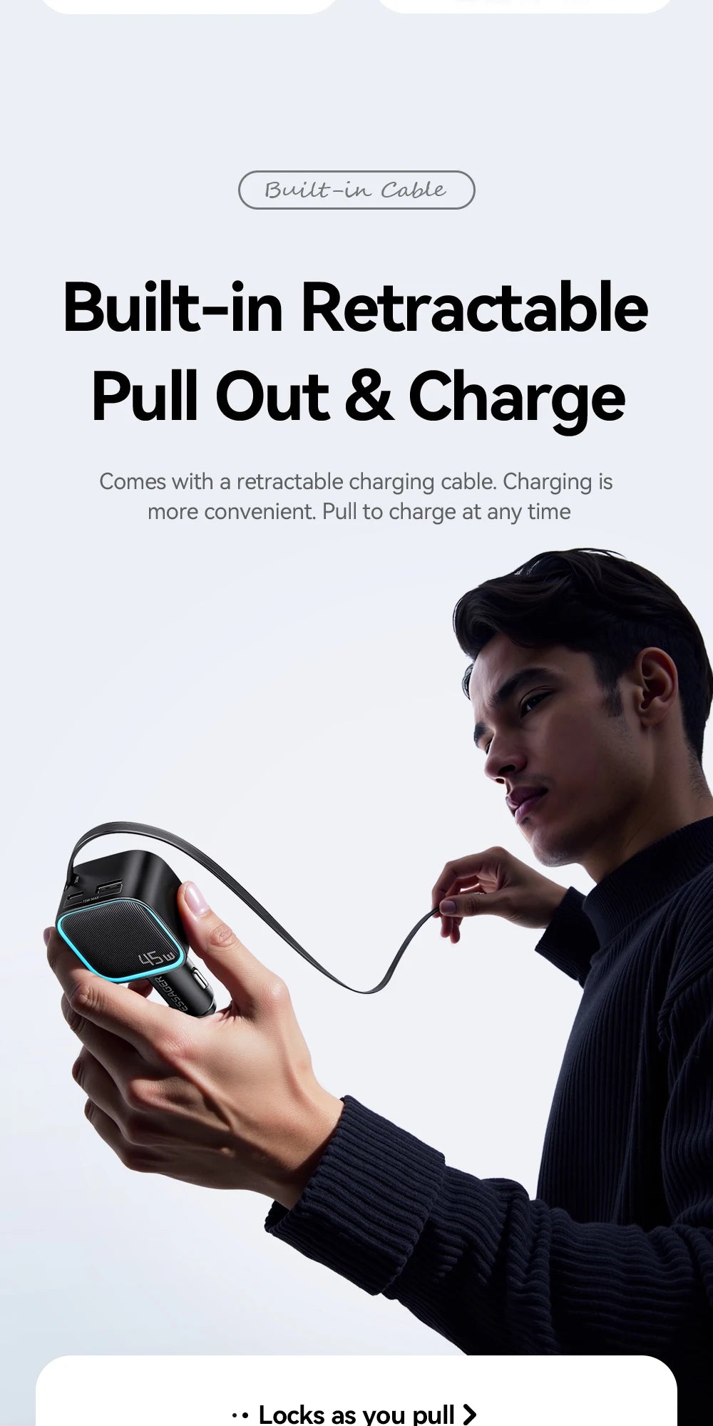 45W Car Charger with 75CM Retractable Cable PD Fast Charging USB C & USB A 3 Port Adapter