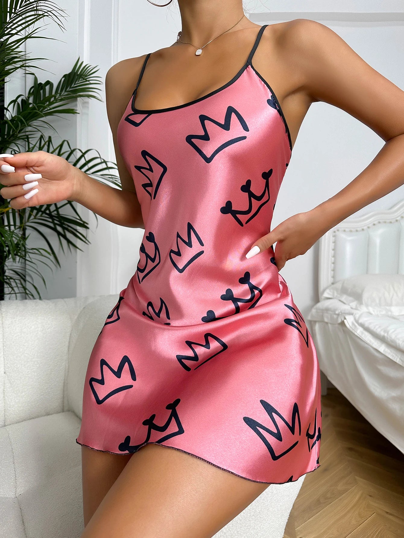 Heart Print Nightdress Elegant Scoop Neck Criss Cross Back Sleep Dress  Women's Sleepwear