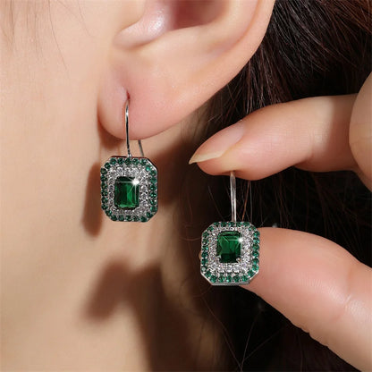 Square Green Zirconia Hook Earrings for Women Simple Geometric Rectangle CZ Earring