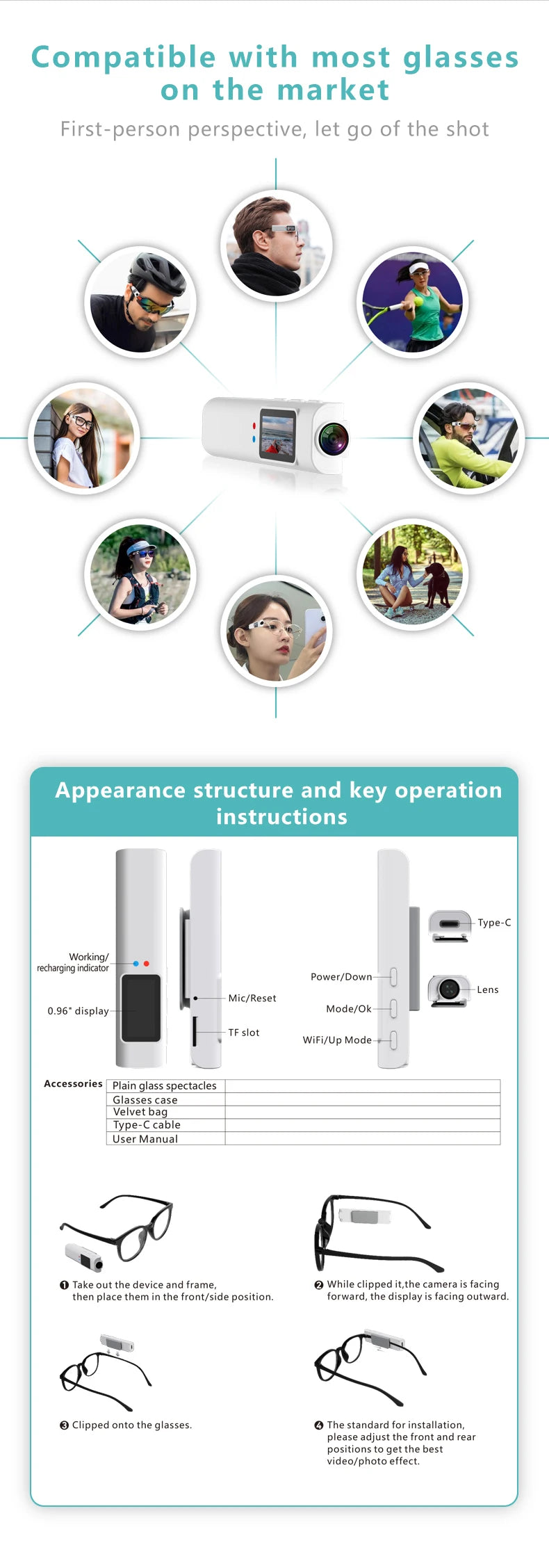 Mini FPV Eyeglasses Action Camera 2.7K Sport Bodycam WiFi Video 0.96