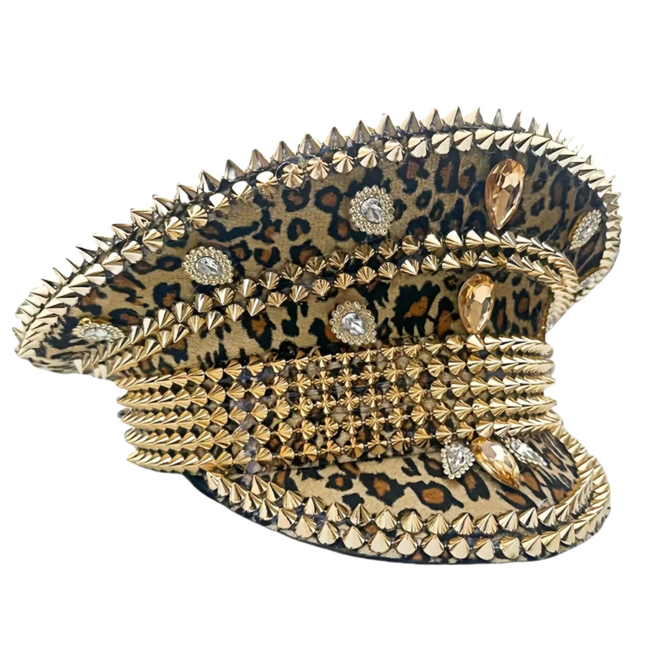 Leopard Print Festival Captain Hat Rhinestone Unisex Wedding Military Cap Steampunk Sergeant Hat Music Bride Masquerade Headwear