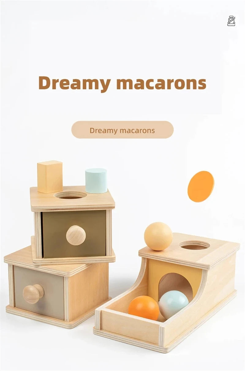 Montessori Coin Ball Box  Toy Wooden Object Permanence Box Macaroon Color Spinning Drum Drawer Box Educational Toys