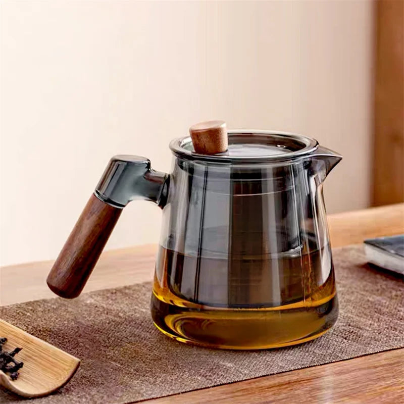 600ml Walnut Wooden Handle Glass Teapot with Tea Water Separation Filter