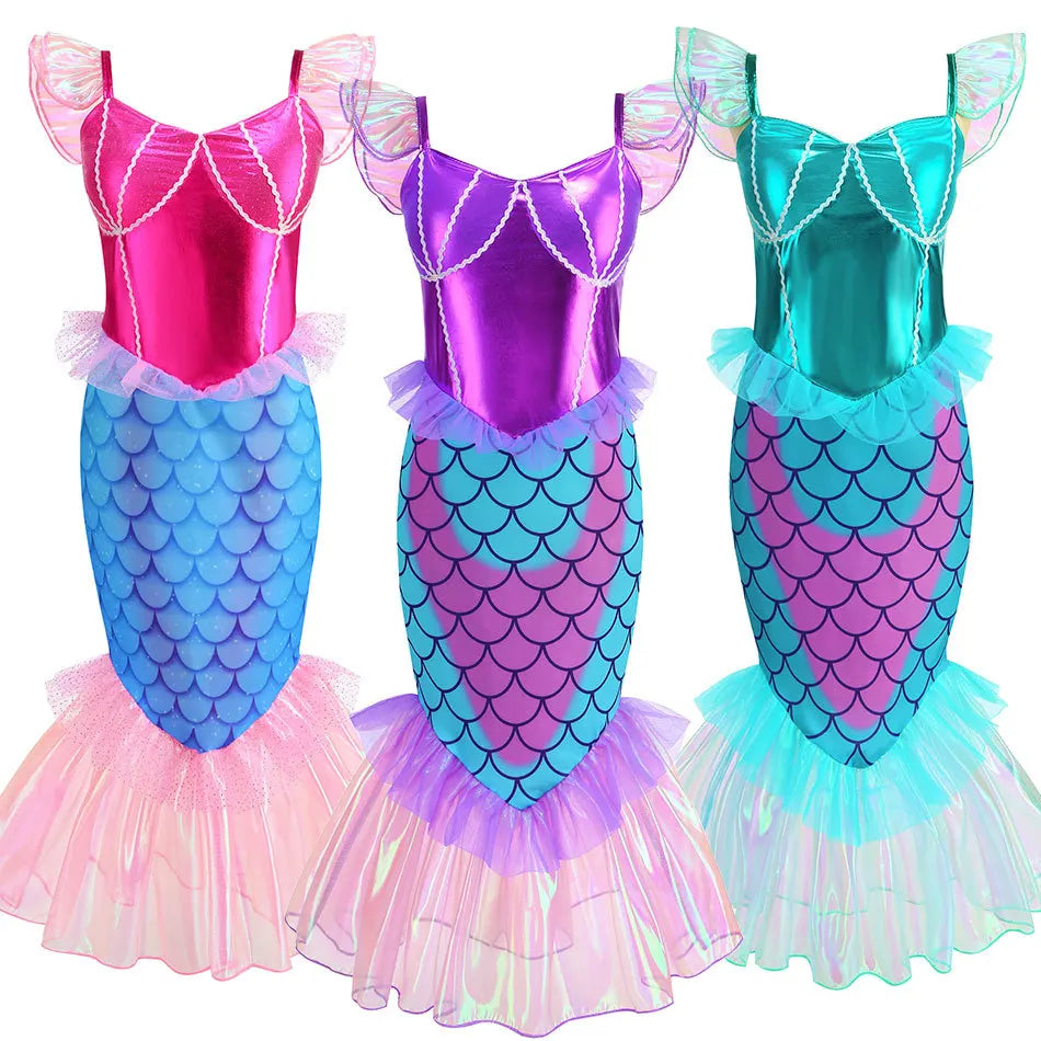 New Blue Red Purple Three Colors Mermaid Flying Sleeve Fishtail Beautiful Dress For Girl Summer Beach Party Cool Gown