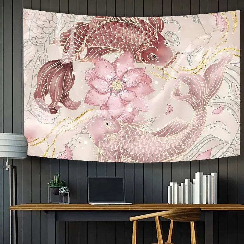 Koi and Lotus Tapestry New Chinese Style Living Room Tea Room Wall Hanging Zen-Inspired Room Decor