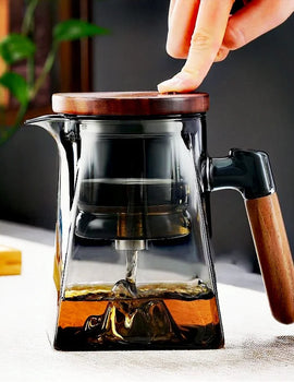 One Click Tea Separation Filtration Bottom Mountain View Glass Teapot With Wood Handle 700ml Kungfu Tea Water Separation Tea Pot