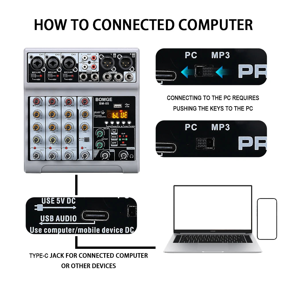 BM05 DJ Mixing Console with Bluetooth USB Audio Interface and 48V Phantom Power