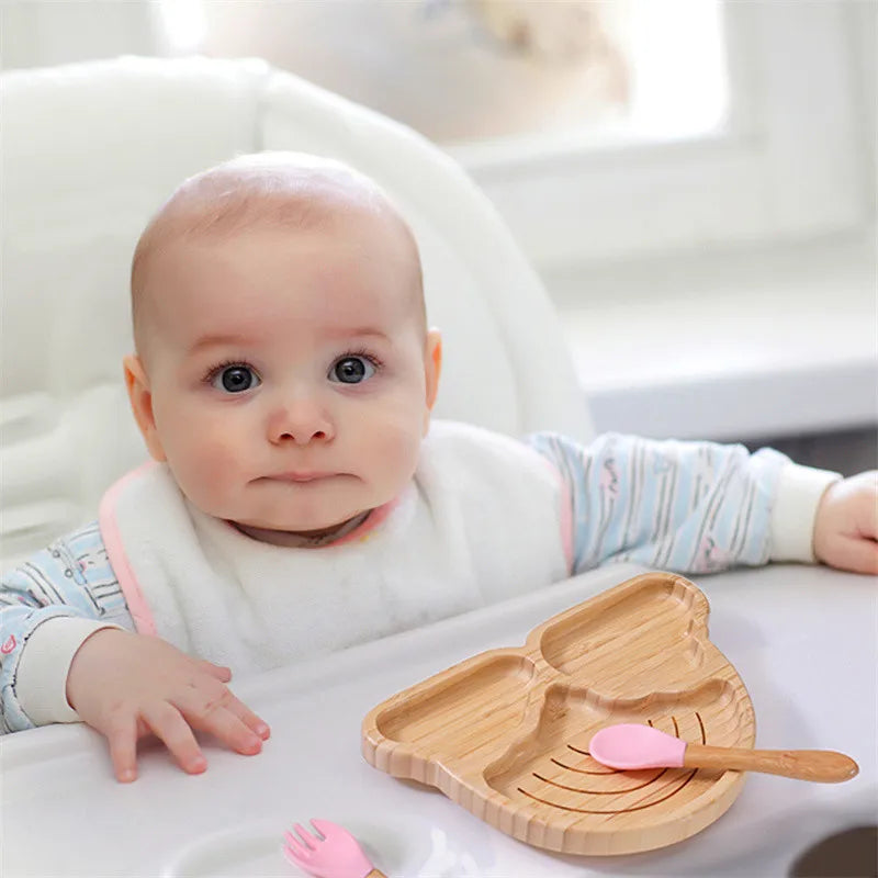 Baby Wooden Tableware Set Sun Bamboo Wooden Plate Bowl Silicone Suction Wooden Handle Fork Spoon for Newborn Feeding Supplies