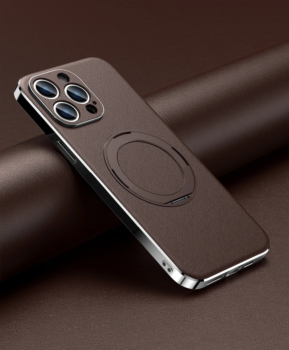 Leather for Magsafe Case for iPhone 16 15 14 Pro Max 16Pro Ring Luxury Lens Protection Holder Phone Back Cover