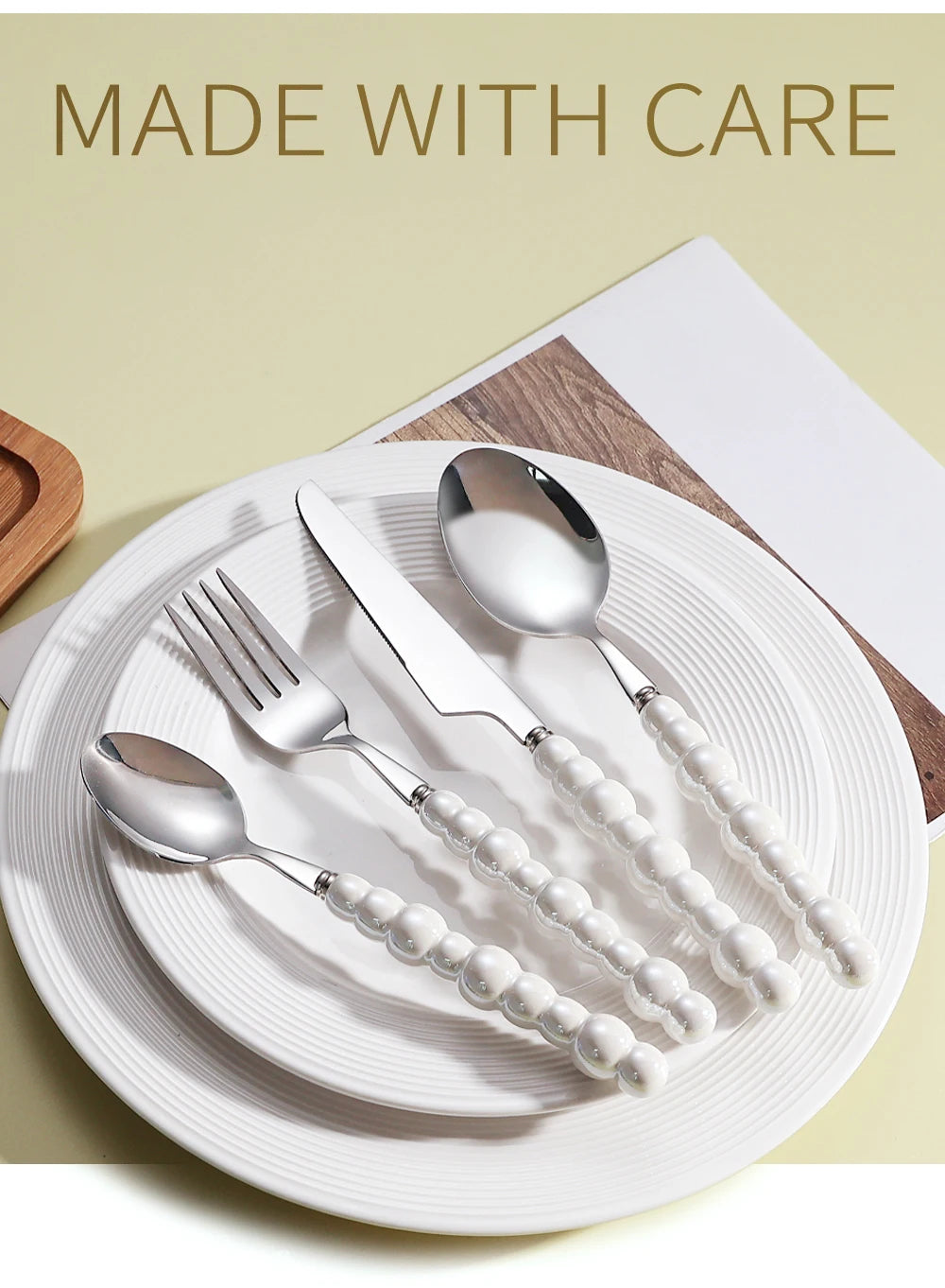 4Pcs Luxury Dinnerware Set Ceramic Pearl Handle Stainless Steel Spoon and Fork Set Western Silver Cutlery High-looking Tableware