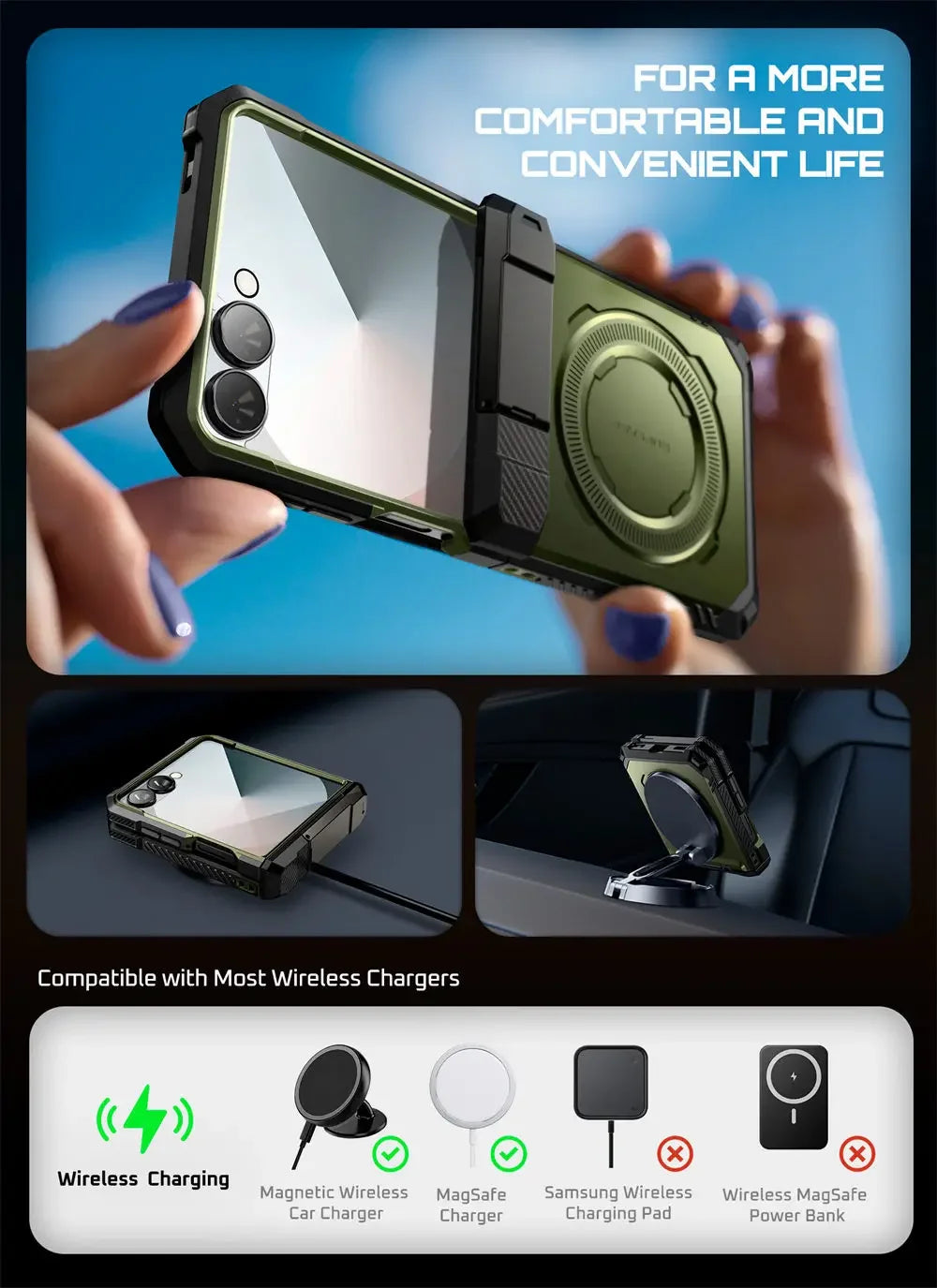 For Samsung Galaxy Z Flip 7 Case UB Grip Military-Grade Rugged Back Phone Case with Stand & Front Screen Protector