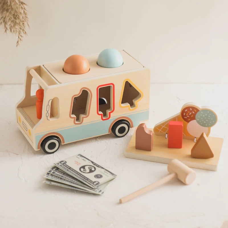 Baby Wooden Ice cream Toy Children Imitate And Sell Games Mini Food Toy For Children Wooden Replica Of Hand-pushed Car Kid Gift