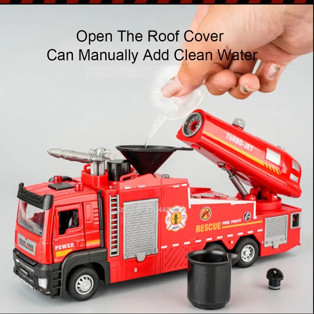 1:32 Water Spray Fog Fire Truck Model Sweeper Toy Car Sound Light Pull Back Doors Opened Vehicles Collection  Gifts
