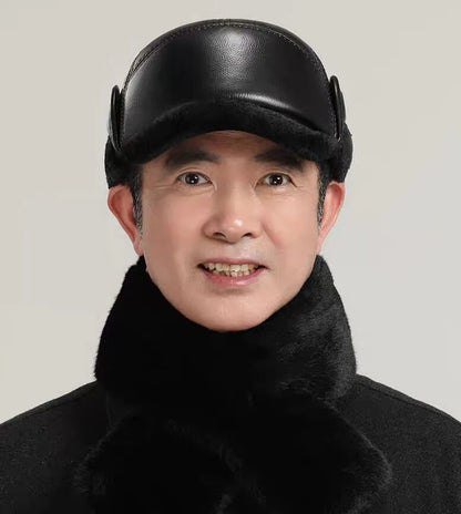 Winter Men's Hat Thicken Leather Cowskin Baseball Caps Bomber Hats With Ears Warm