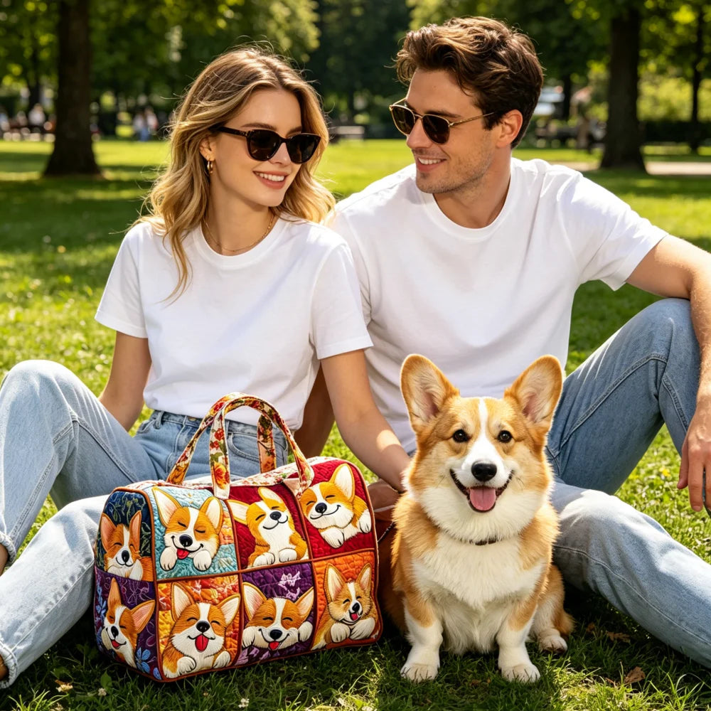 Cute Corgi Dog Print Quilted Duffel Bag Women 3D Puppy Print Travel Weekender Casual Gym Sports Overnight Carry On Bags