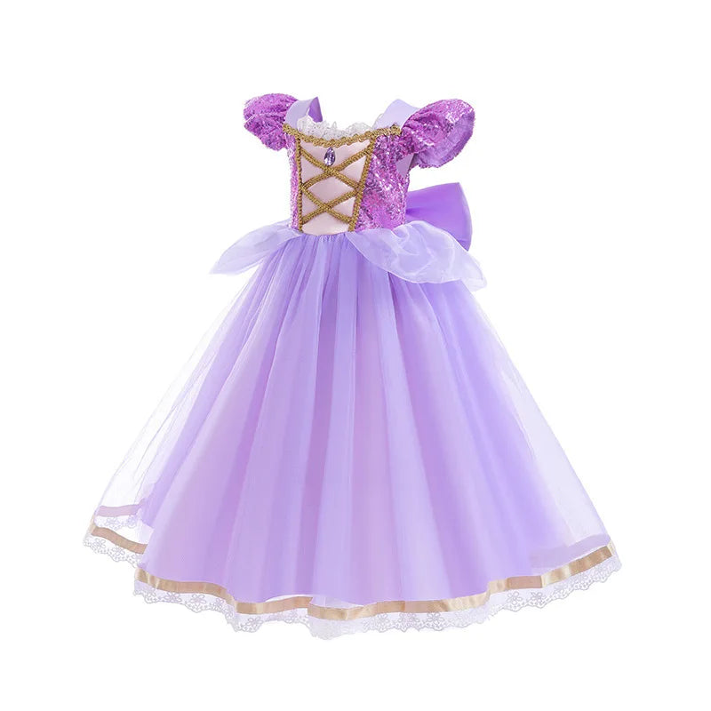Purple Puff Sleeve Princess Ball Gown with Lace and Sequins