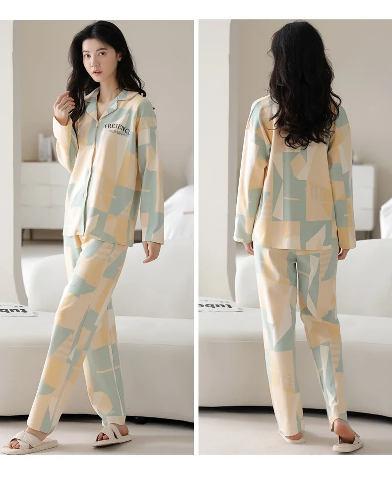 Women’s Winter 100% Cotton Pajama Set – Loose Fit, Turn-Down Collar, Long Sleeves, Cute Pink