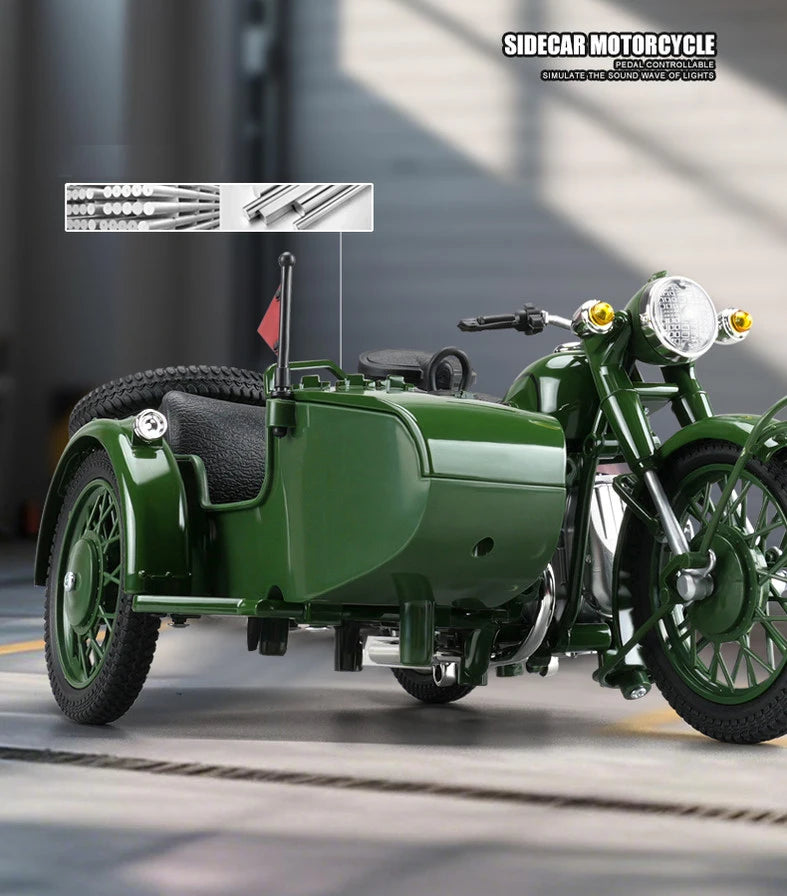 1/10 Alloy Retro Tricycle Side-car Motorcycle Model Diecast Metal Classic Military Motorcycle Model Sound and Light Toy Gift