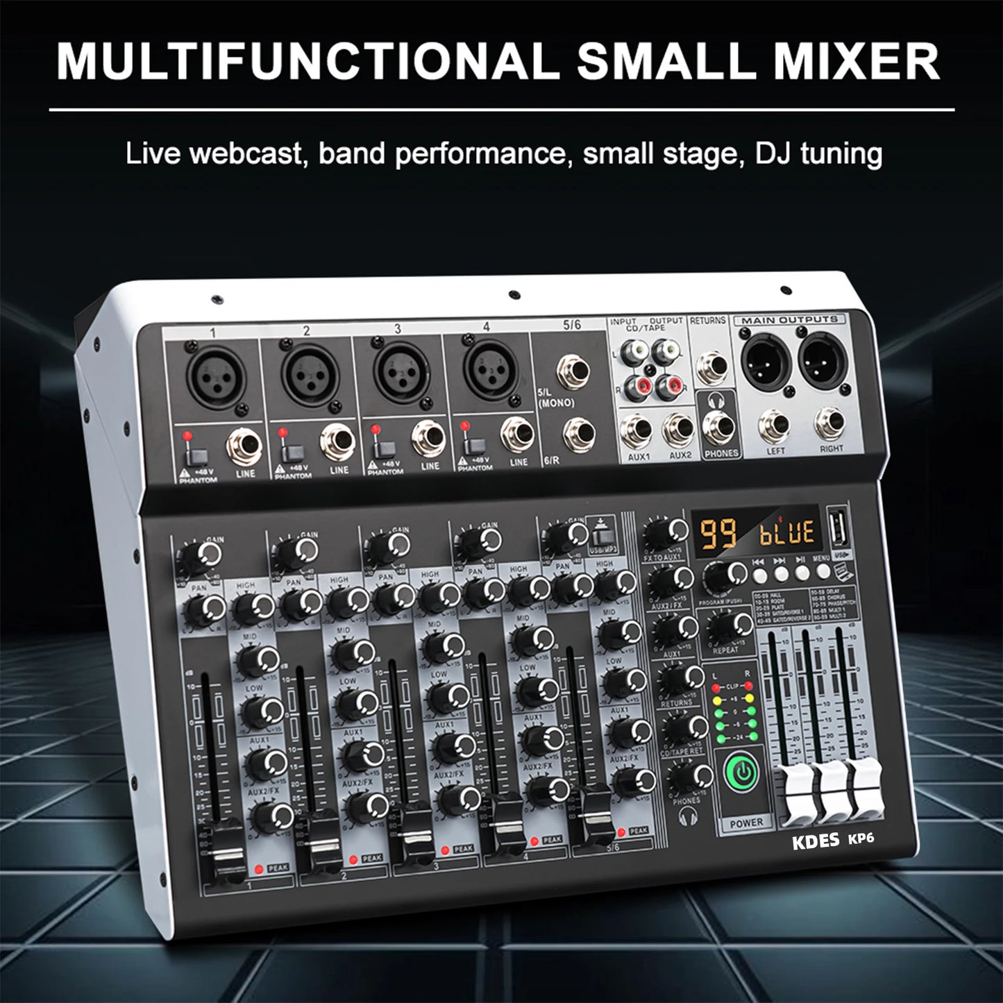 KDES KP6 Audio Mixer 6 Channel 99 DSP Effect Record PC 48V Phantom Power USB Sound Mixers Bluetooth DJ Console Mixing for Karaok