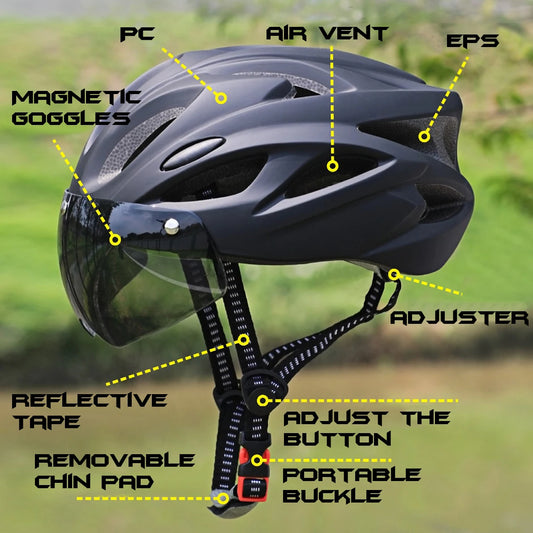 Lightweight Cycling Helmet With Magnetic Goggles And Adjustable Fit