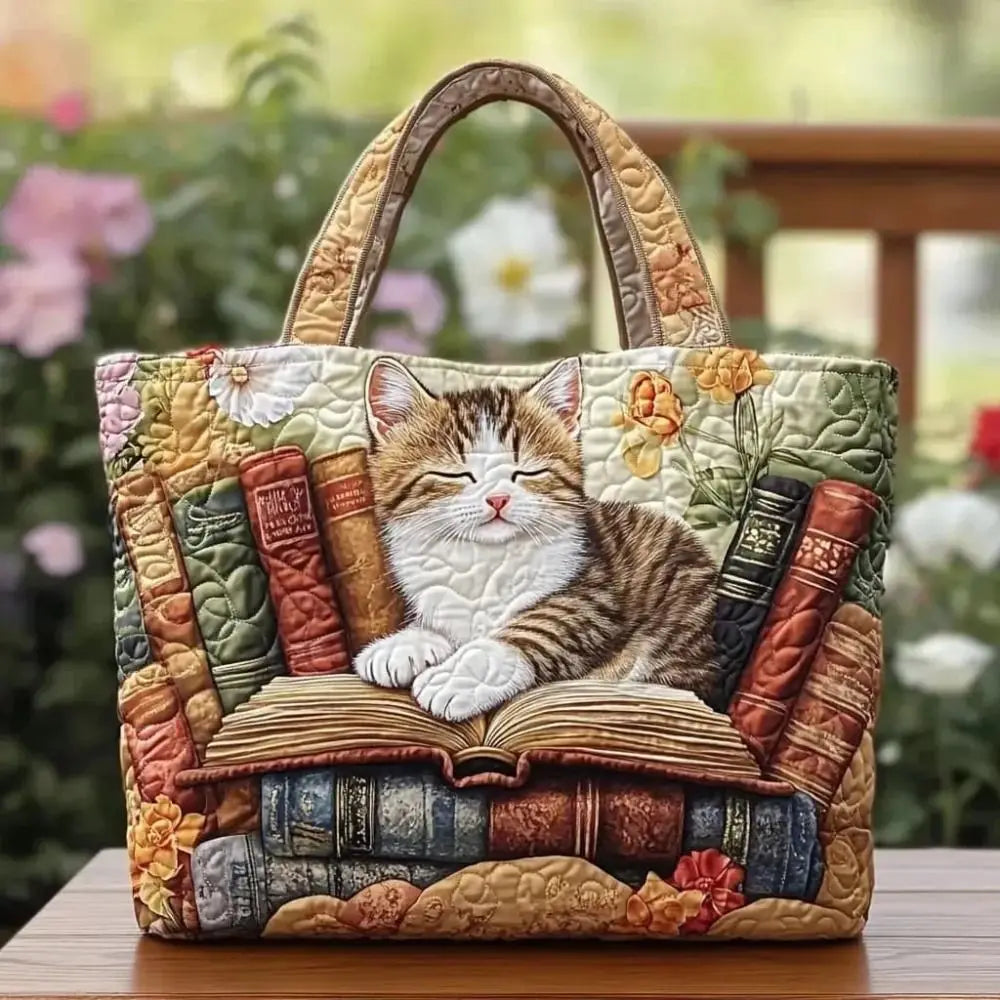 Cat Print Quilted Canvas Tote Bag Large Capacity Travel Shoulder Handbag