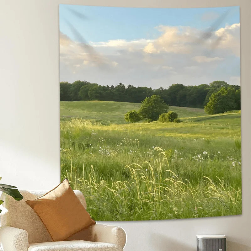 Rustic Landscape Tapestry Layered Petals & Grass Texture Living Room Sofa Accent Wall Room Decor Cozy Home