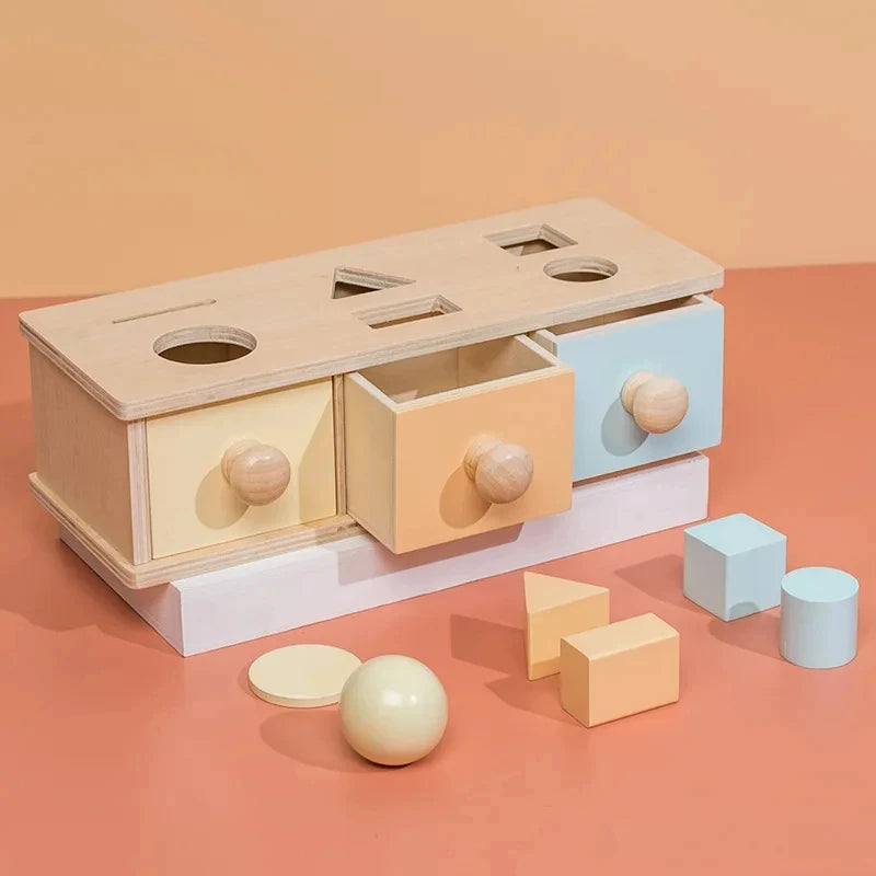 Montessori Coin Ball Box  Toy Wooden Object Permanence Box Macaroon Color Spinning Drum Drawer Box Educational Toys