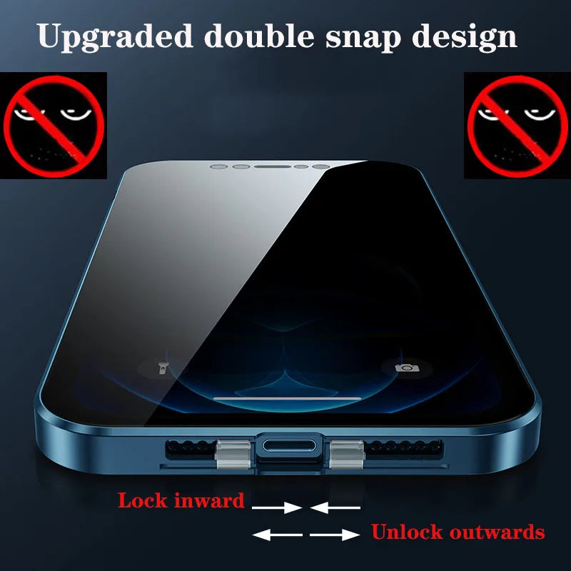 360°Full Protected Metal  Anti Peeping Buckle Lock Phone Case For iPhone 15 14 Pro Max Double-Sided Glass Cover