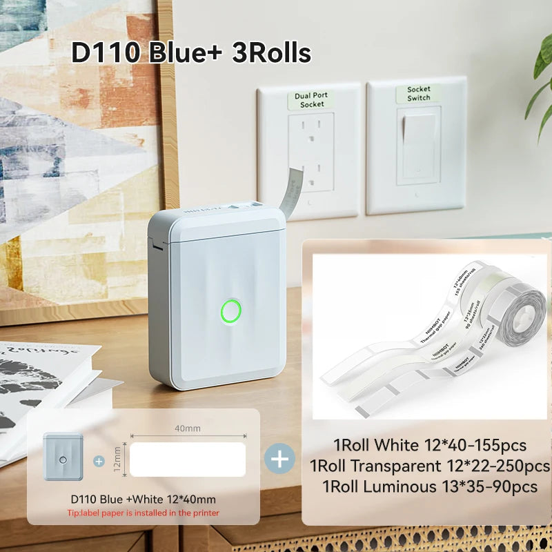 D110 Mini Thermal Label Printer, Bluetooth Portable Smart Label Maker 12–15mm, Inkless Sticker Printer for Home Office Kitchen School