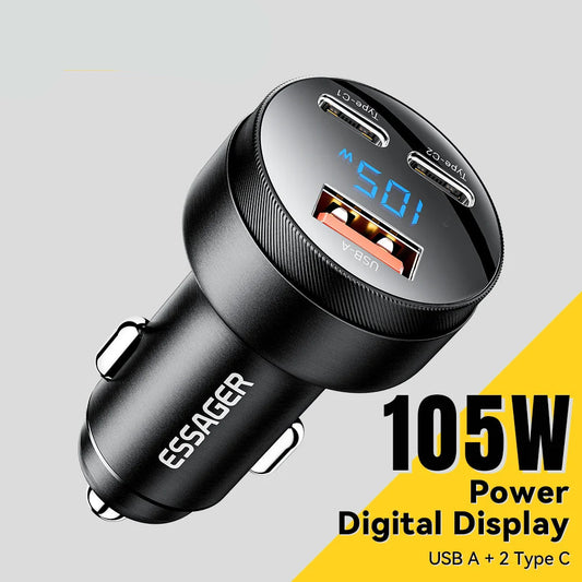 105W USB C Car Charger 3 Port PD 3.0 QC 4.0 Fast Charging GaN Adapter with Digital Display