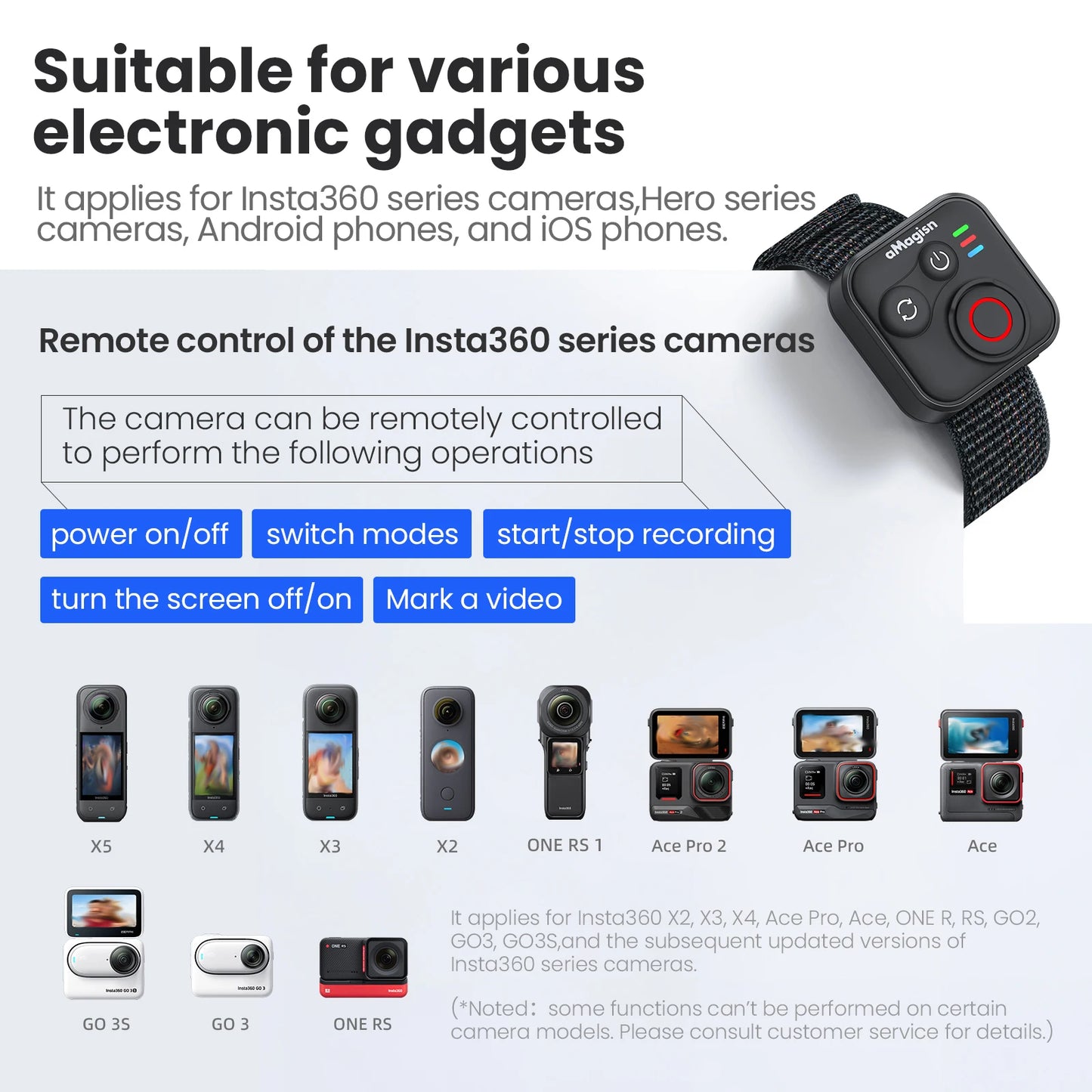 Wireless Bluetooth Remote Control with Wrist Strap for Action Cameras and Smartphones
