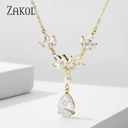 Trendy Leaf Shape Pendant Necklace For Women Water Drop Zirconia Necklaces