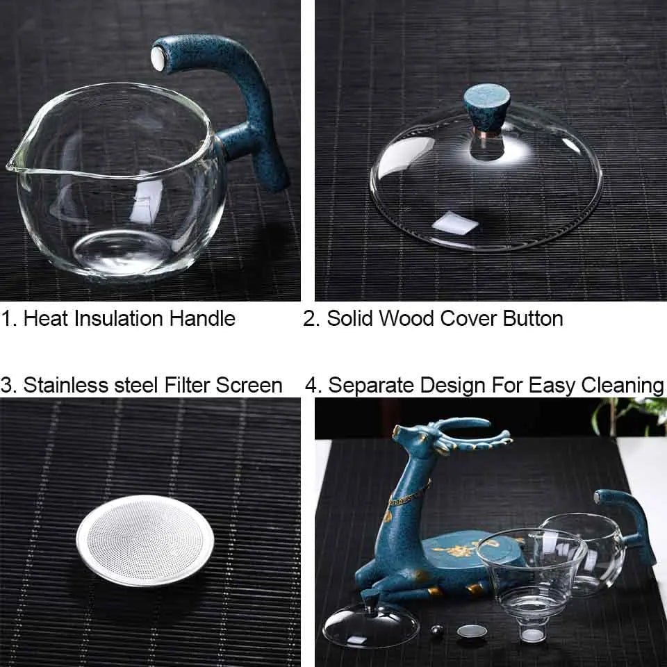 Kungfu Glass Tea Set, Creative Deer Teapot,  Water Diversion, Tea Infuser, Turkish Drip Pot with Base