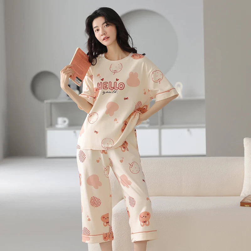 2-Pcs Women’s Cotton Pajama Set – Breathable Short Sleeve Summer Sleepwear with Cute Prints