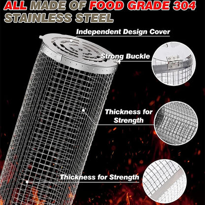 BBQ Basket Stainless Steel Rolling Grilling Basket Wire Mesh Cylinder Grill Basket Portable Round Outdoor Camping Barbecue Rack