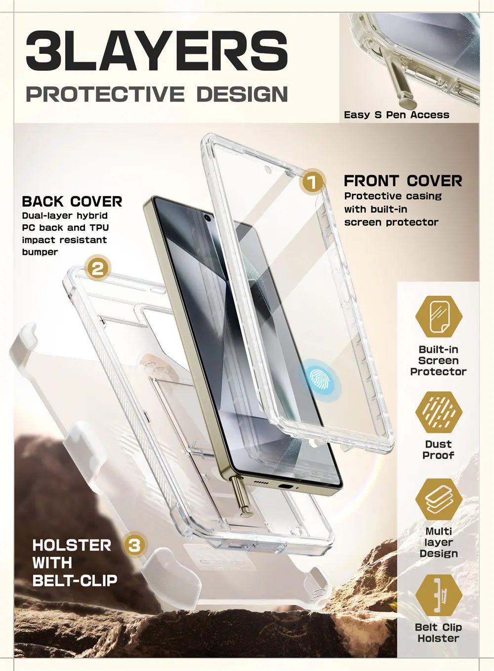 For Samsung Galaxy S25 Ultra Case UB Pro Full-Body Dual Layer Rugged Belt-Clip Phone Case with Built-in Screen Protector