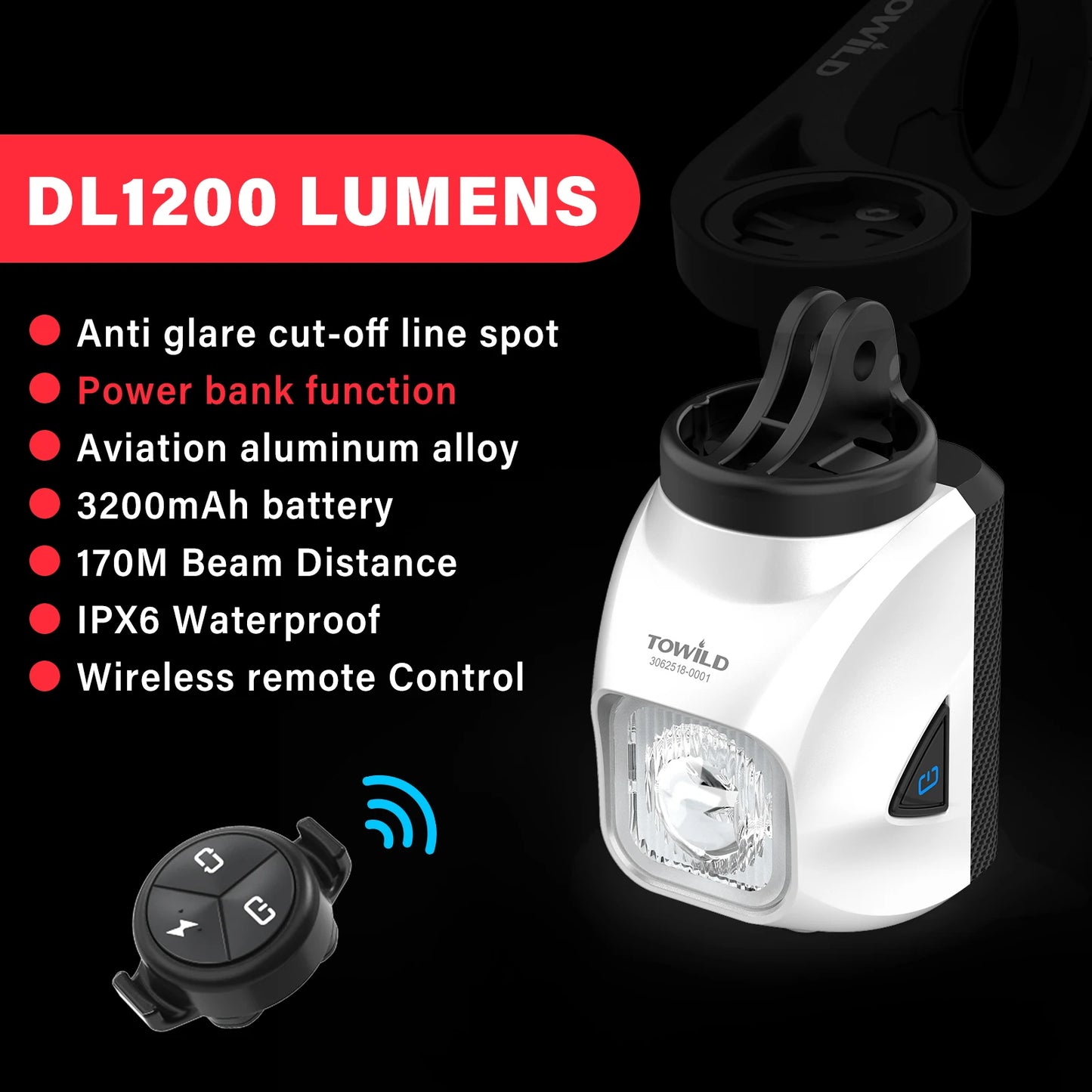 DL1200S/DL1700 Bicycle Light With Cut-Off Line Beam1900LM Rechargeable Front Light Power Bank Mtb Cycling Headlights