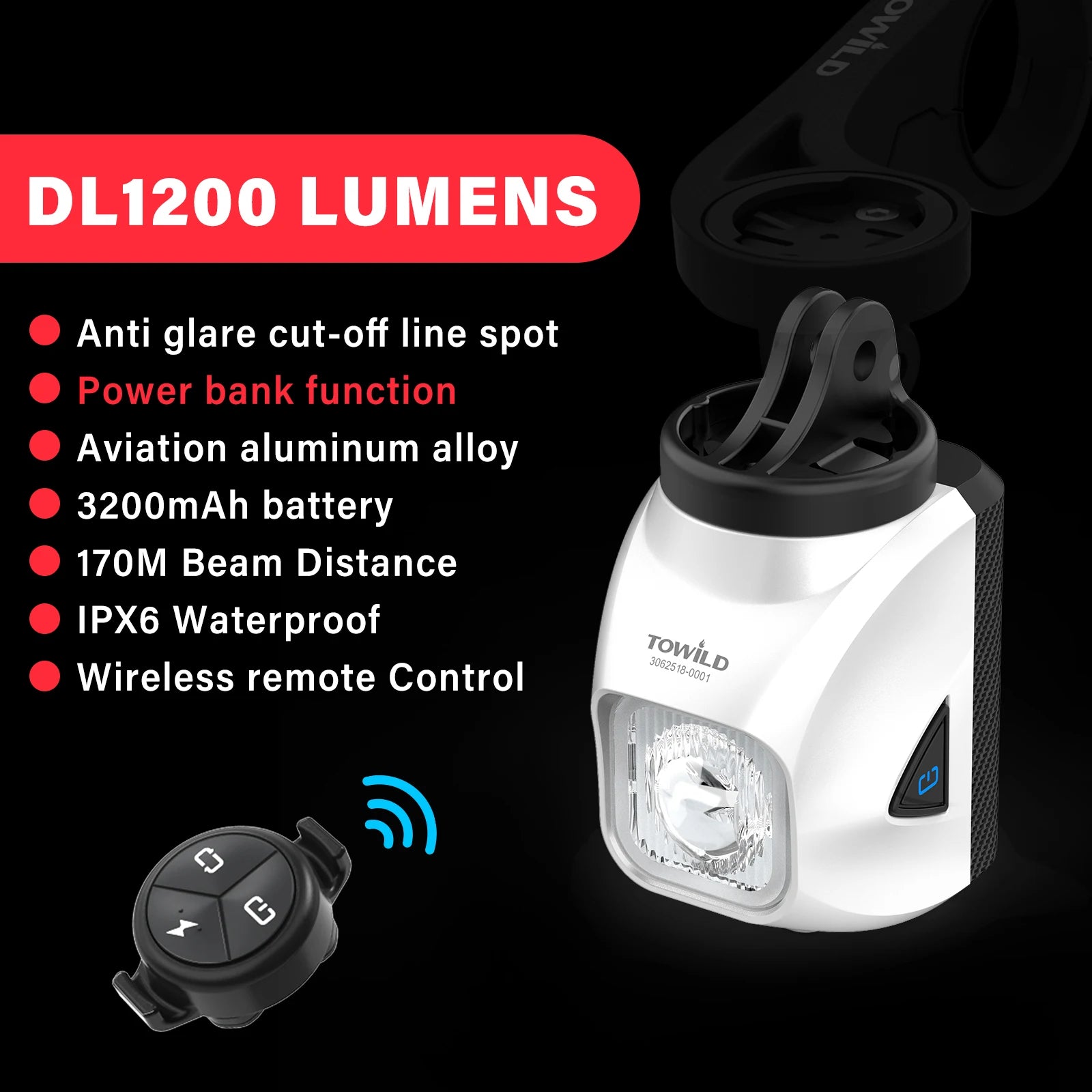 DL1200S Bicycle Light With Anti-Glare Cut-Off Line Beam 1500LM Rechargeable Led Bike Front Lights Mtb Cycling Headlights