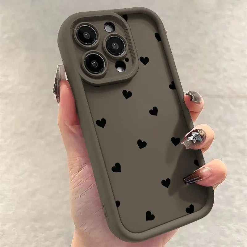 Black Love Heart Soft Matte Phone Case For iPhone 17 Air 14 Pro 16E Plus Cover For iPhone 15 16 17 Pro Max Cases