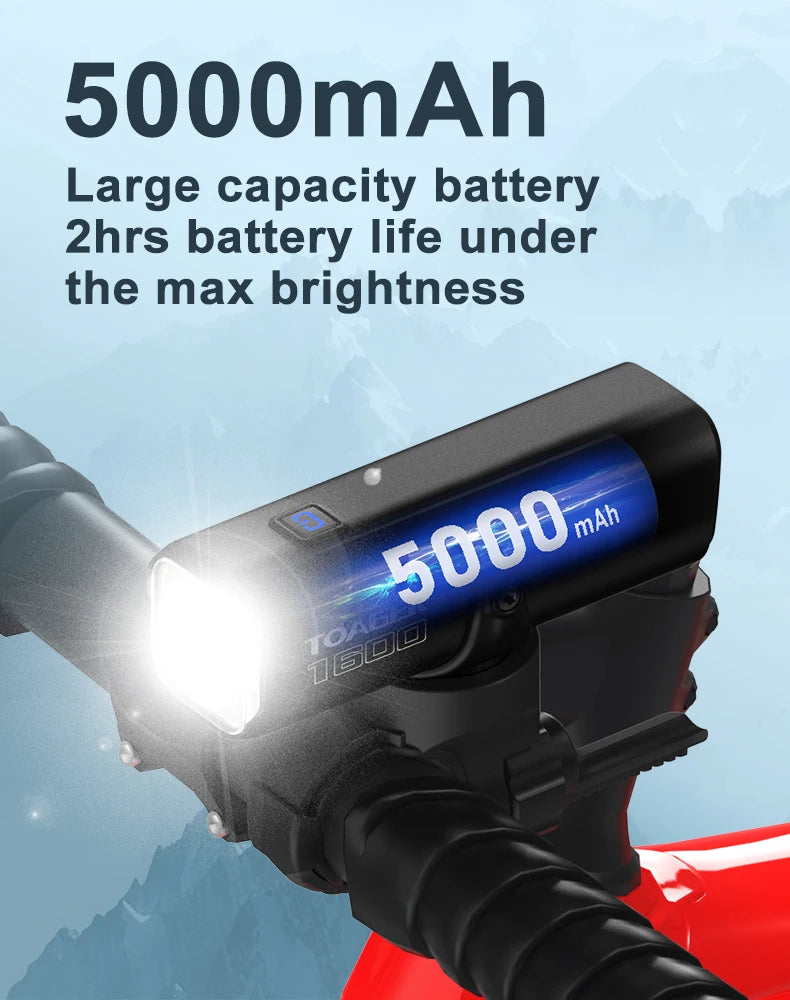 1600LM Bike Light Front Lamp TypeC Rechargeable LED 21700 5000mAh Bicycle Light Waterproof Headlight Bike Accessories
