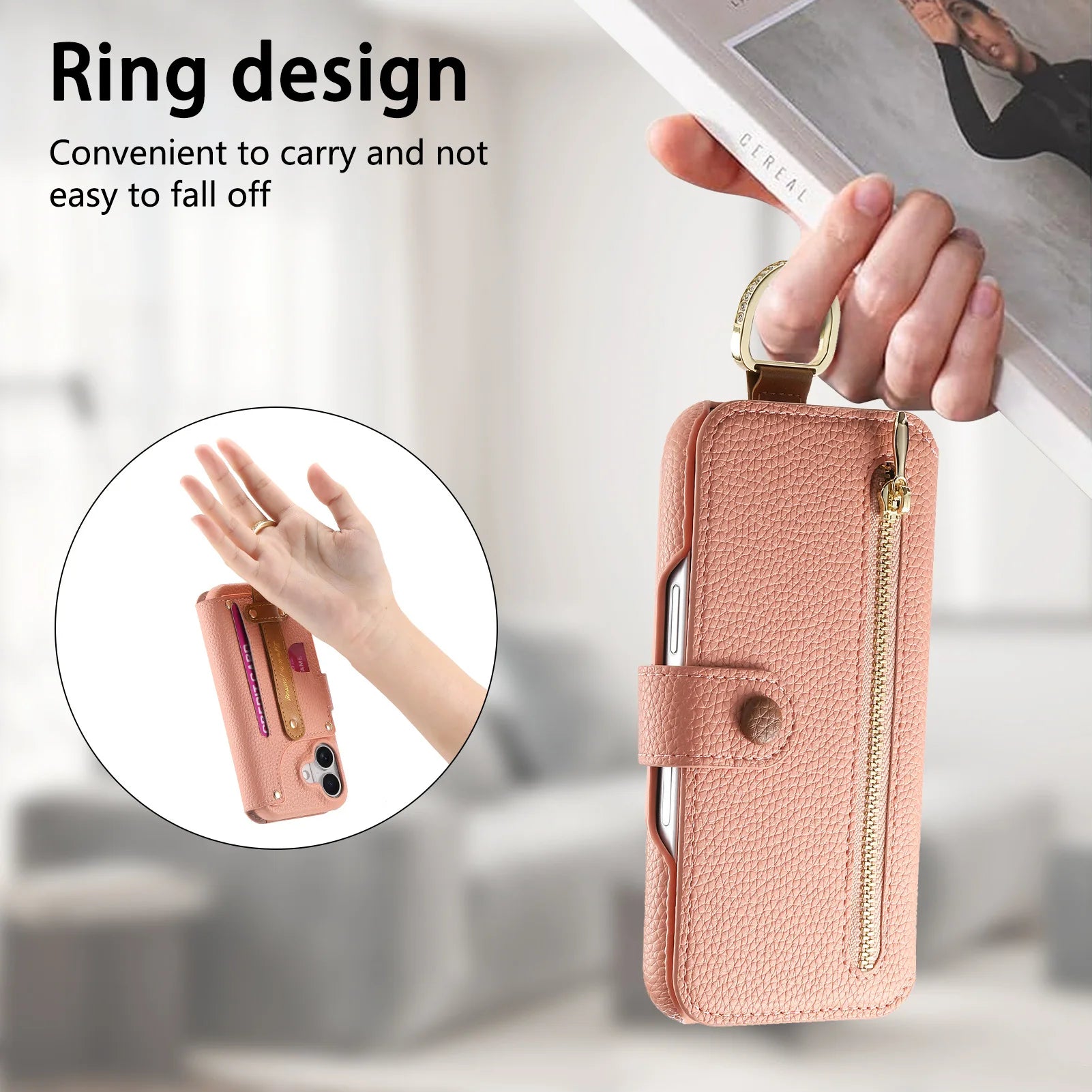 Wallet Flip Case for iPhone 16 15 Pro Max 14 Plus 16Pro 14Pro 15Pro Leather Strap Card Slots Zipper Cover