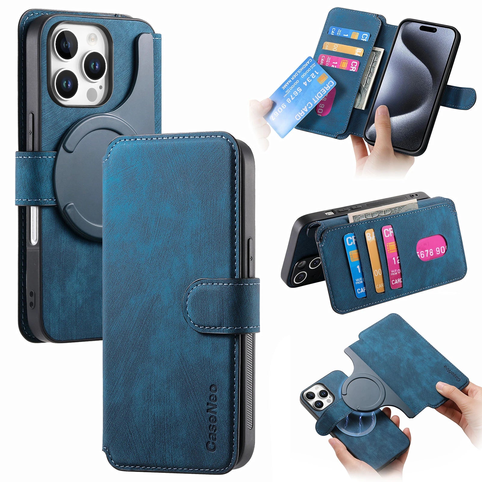 Flip Leather Wallet Case for iPhone 16 15 Pro Max 14 Plus 16E Magsafe  Detachable Card Slot Holder Cover