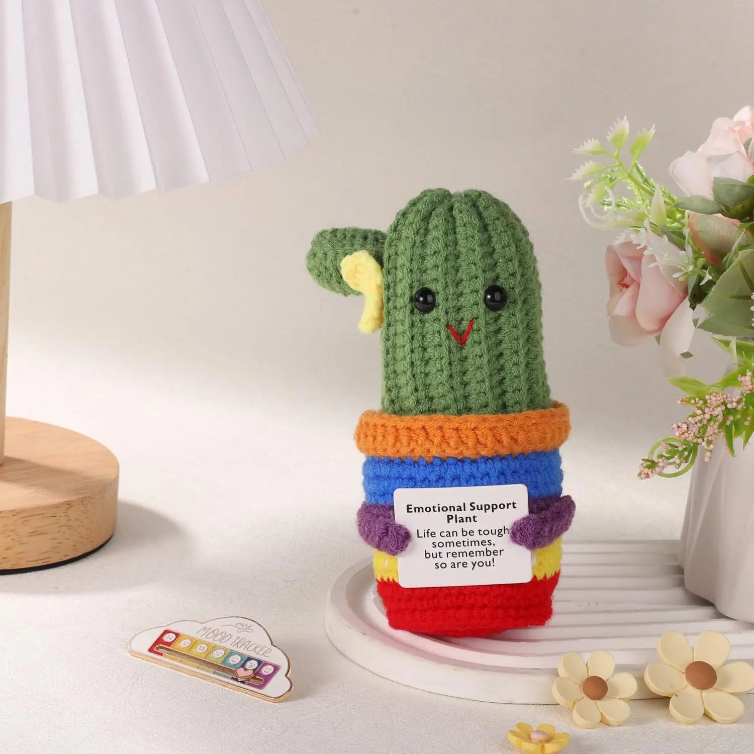 2 Pcs Funny Crochet Positive Energy Cactus Doll with Encouragement Card Handmade Wool Knitted Emotional Support Plant Ornament Gifts