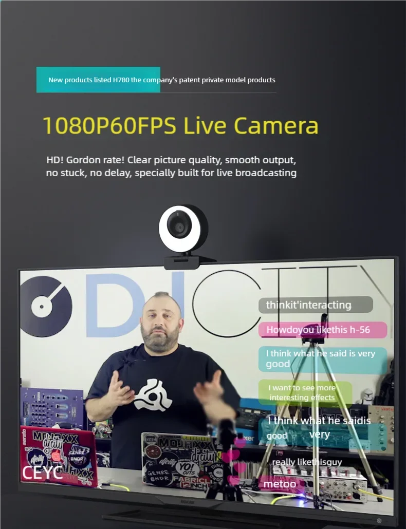 1080P Webcam Live Streaming Fill Light Web Cam for Pc USB Camera Auto Focal 60FPS for Online Study Conference Video Recording