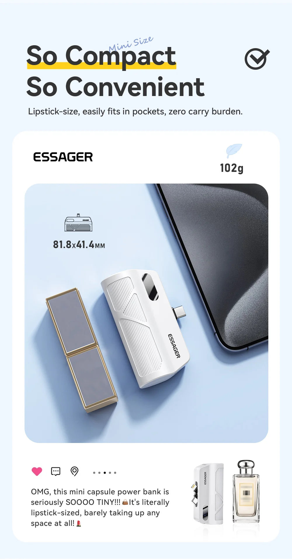 5000mAh Mini Capsule Power Bank 20W PD Fast Charging with Built-in Lightning & USB-C Plug Portable Charger