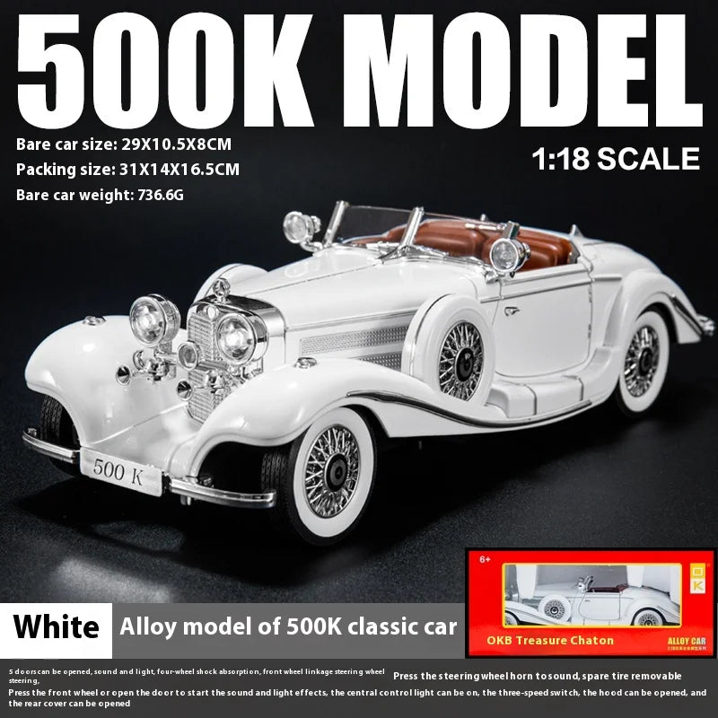 Diecast 1/18 1936 500K Classic Car Alloy Metal Model Sound And Light Toy Collect Display Ornament