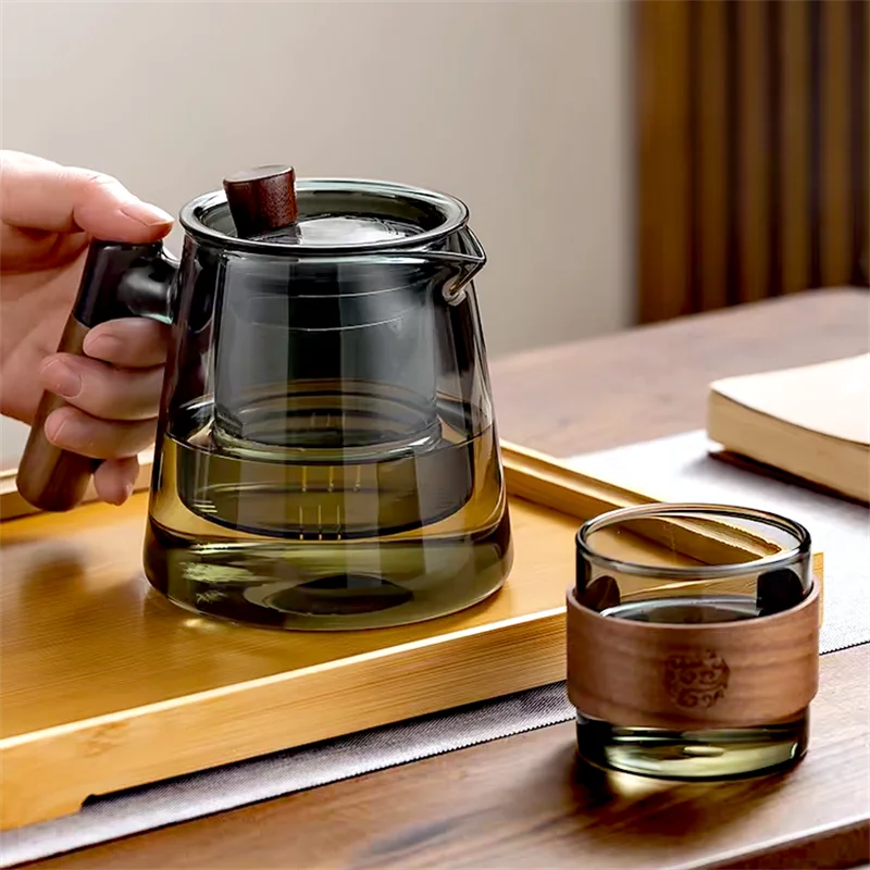 600ml Walnut Wooden Handle Glass Teapot with Tea Water Separation Filter