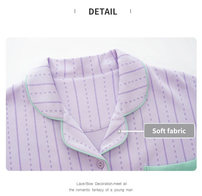 Women’s Winter 100% Cotton Pajama Set – Loose Fit, Turn-Down Collar, Long Sleeves, Cute Pink