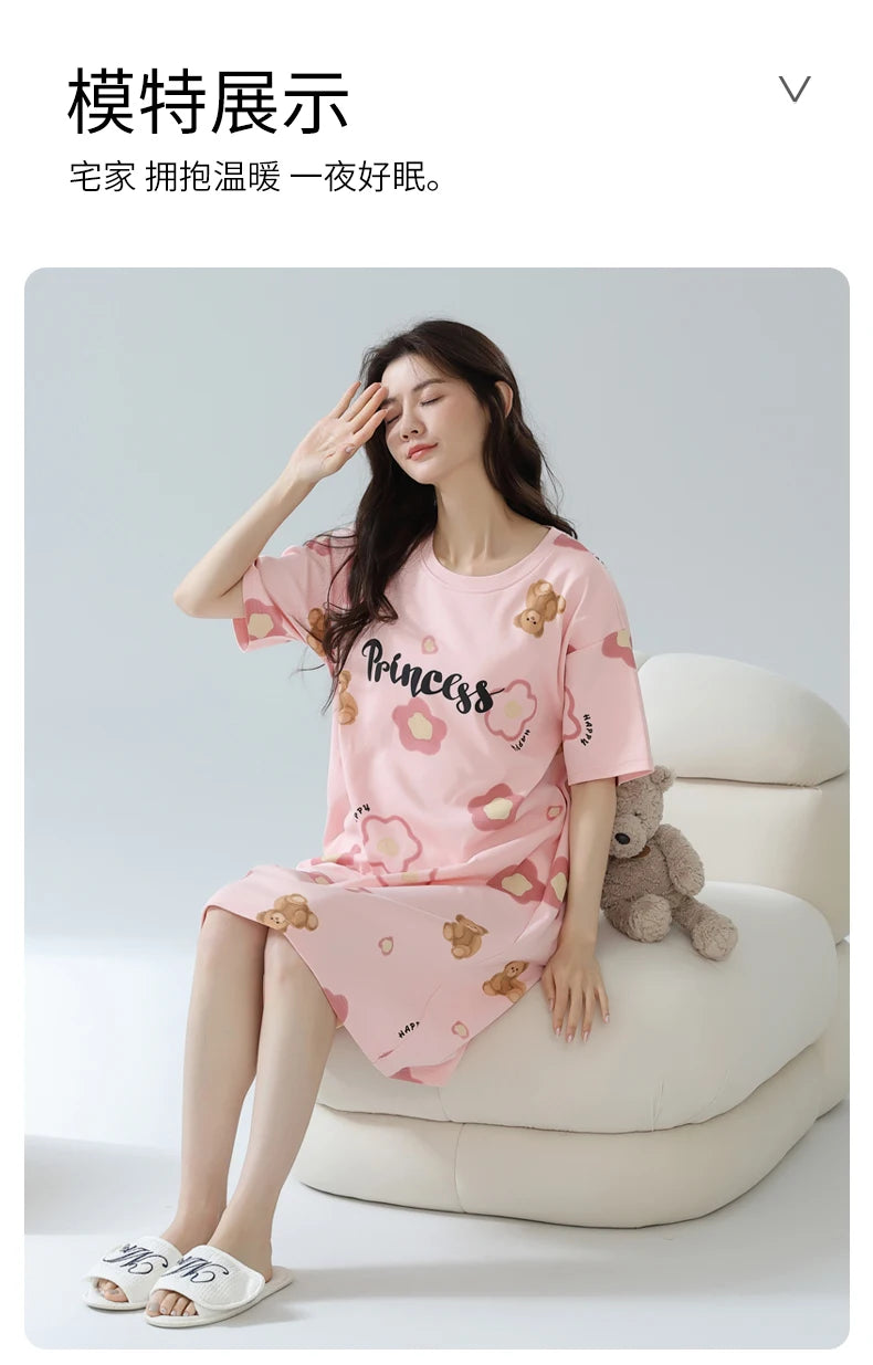 Women’s Cotton Nightgown – Korean Style Cute Print, Summer Short Sleeve Sleepwear Dress