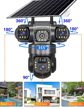 12MP 6K  Outdoor Solar 4G Camera Three Lens Three Screen PIR Motion Detection Cam Waterproof Night Vision Smart Security CCTV